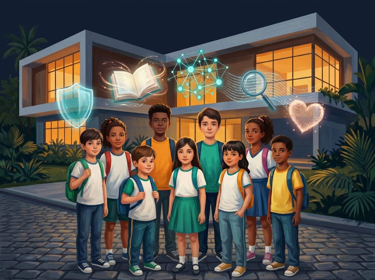 Estudantes e educadores em ambiente escolar trabalhando cidadania digital