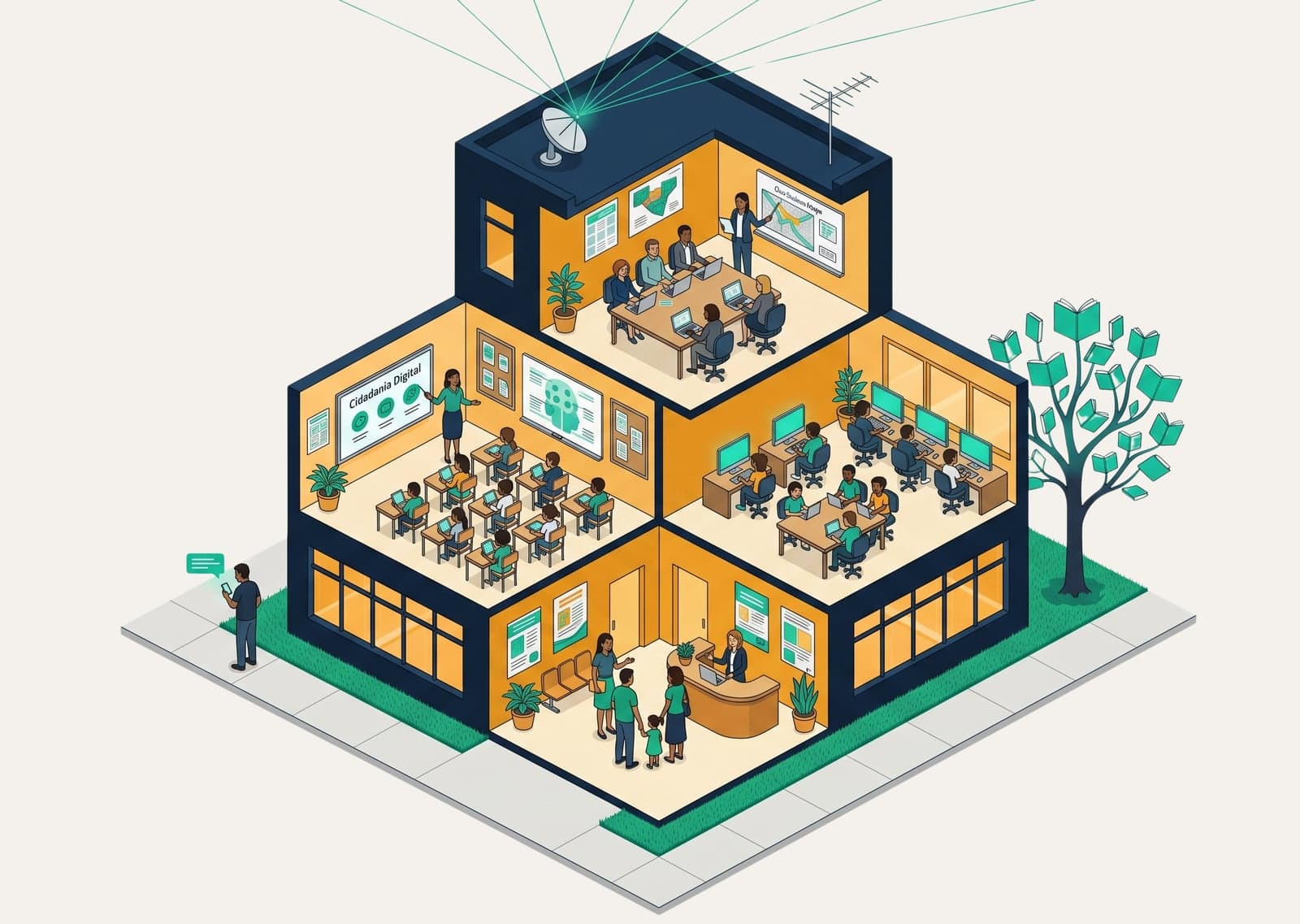 Escola isométrica em corte com salas integradas ao programa