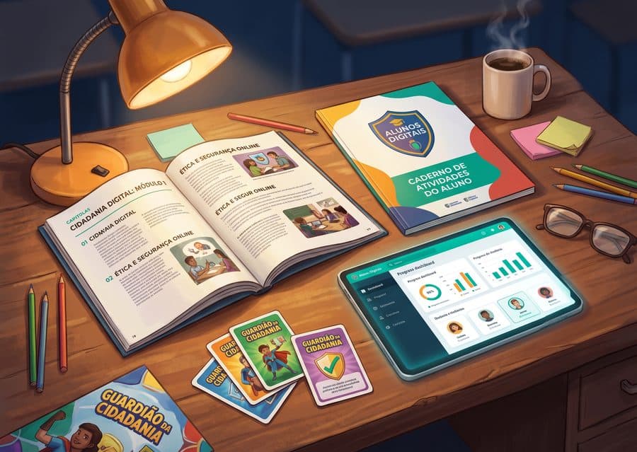 Mesa do professor com livros, tablet e materiais do programa